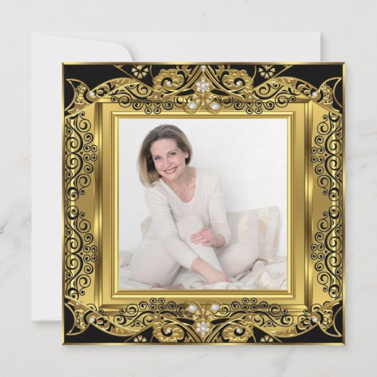 Elegant Gold Photo Birthday Party Black Damask SQ Kaart (Achterkant)