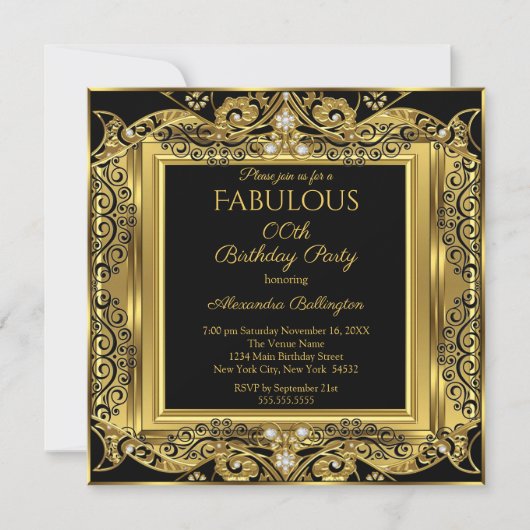Elegant Gold Photo Birthday Party Black Damask SQ Kaart (Voorkant)