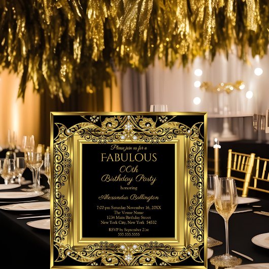 Elegant Gold Photo Birthday Party Black Damask SQ Kaart