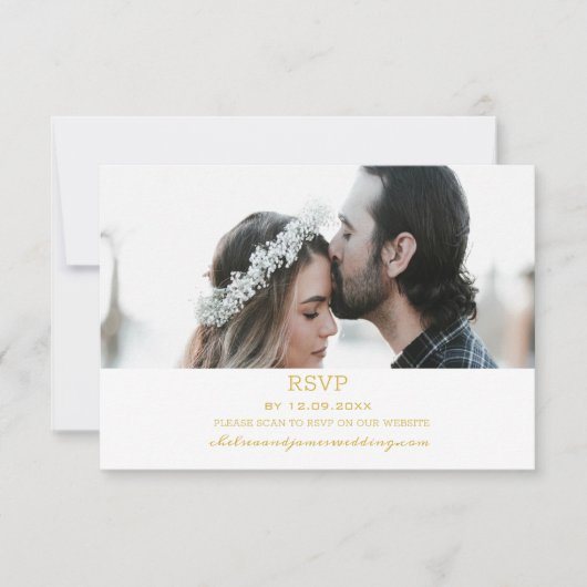 Elegant Gold Photo QR Code Weduwantwoord RSVP Kaartje (Voorkant)
