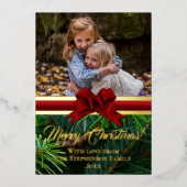 Elegant Gold Pine Red Bow-kerstfoto Folie Feestdagenkaart (Voorkant)