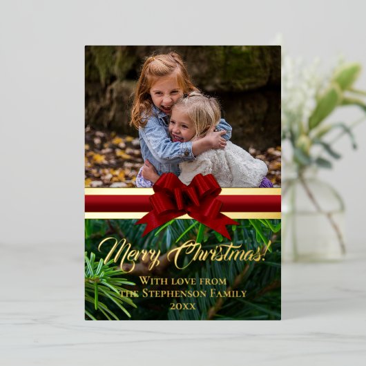 Elegant Gold Pine Red Bow-kerstfoto Folie Feestdagenkaart (Staand Voorkant)