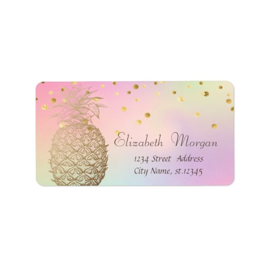 Elegant Gold Pineapple Confetti Holographic Etiket (Voorkant)