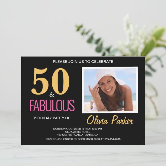 Elegant Gold Pink 50e verjaardag Uitnodiging (Staand voorkant)