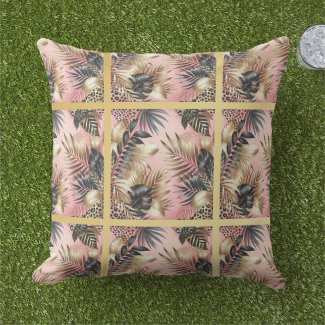 Elegant Gold, Pink and Black Jungle Leaf Pattern Buitenkussen (Gras)