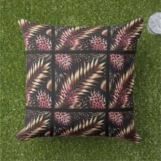Elegant Gold, Pink and Black Jungle Leaf Pattern Buitenkussen