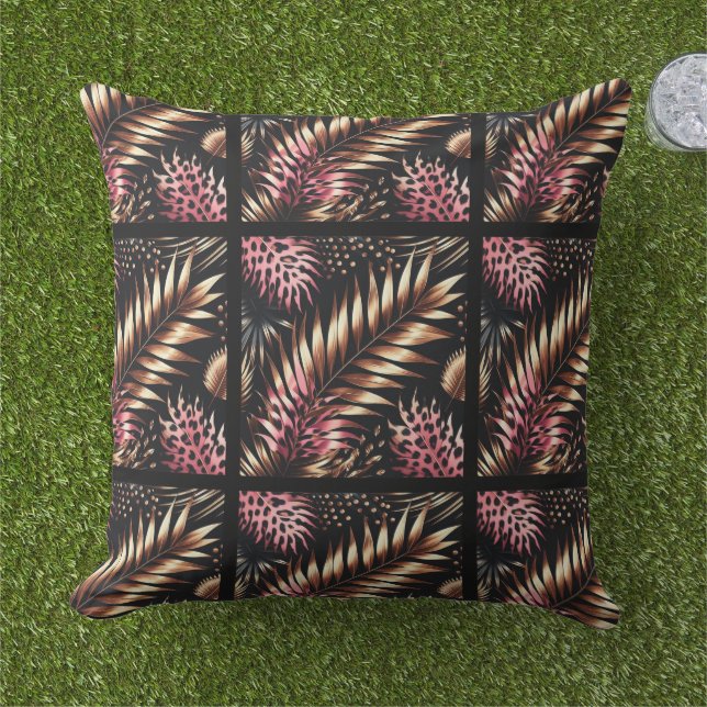 Elegant Gold, Pink and Black Jungle Leaf Pattern Buitenkussen (Gras)
