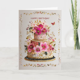 Elegant Gold & Pink Birthday Cake Card Kaart