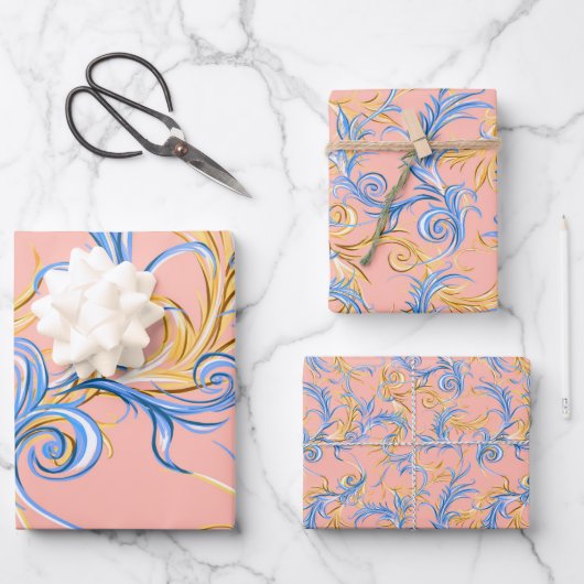 Elegant Gold Pink Blue Arabesque Swirl Patroon Inpakpapier Vel (Voorkant)