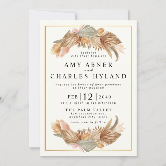 Elegant Gold Pink Boho Pampas Grass Lijst Wedding Kaart (Voorkant)