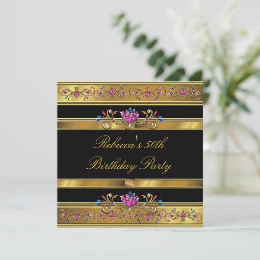 Elegant Gold Pink Floral 50e verjaardag Black Kaart (Staand voorkant)
