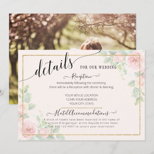 Elegant Gold Pink Floral Script Weduwgegevens Kaart (Voorkant / Achterkant)