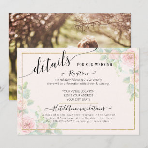 Elegant Gold Pink Floral Script Weduwgegevens Kaart