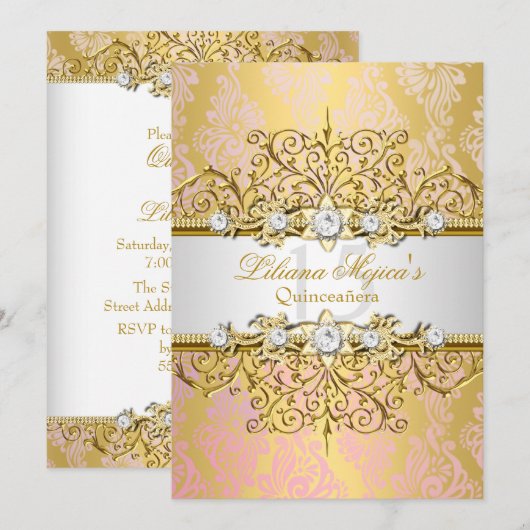 Elegant Gold Pink  Glamor Quinceanera Kaart (Voorkant / Achterkant)
