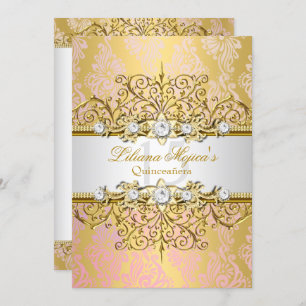 Elegant Gold Pink  Glamor Quinceanera Kaart