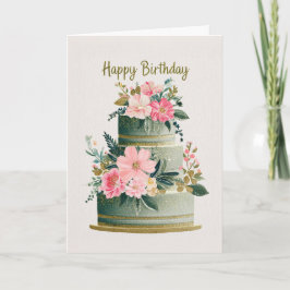 Elegant Gold, Pink & Green Floral Birthday Cake Kaart