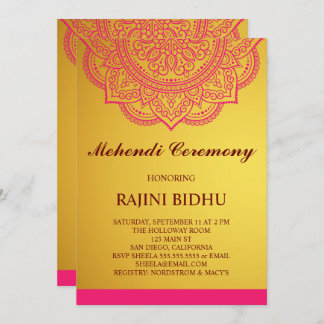 Elegant Gold Pink Paisley Indian Mehndi Ceremony Kaart