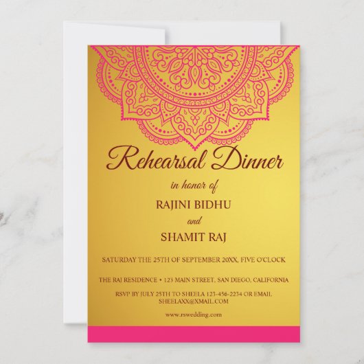Elegant Gold Pink Paisley Indian Rehearsal Dinner Kaart (Voorkant)