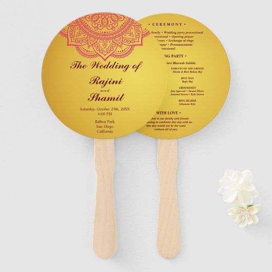Elegant Gold Pink Paisley Indian Wedding Program H Handwaaier (Voorkant en achterkant)