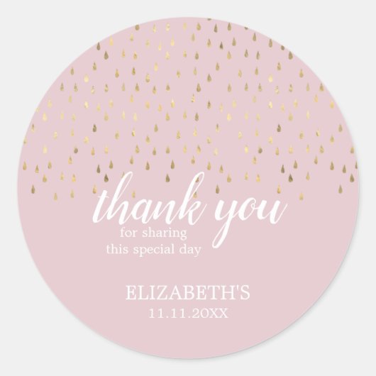 Elegant Gold & Pink Raindrops Baby shower Ronde Sticker (Voorkant)