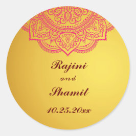 Elegant Gold Pink Red Indian Paisley Wedding Clas Ronde Sticker
