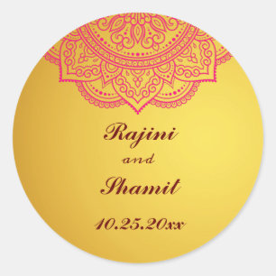 Elegant Gold Pink Red Indian Paisley Wedding Clas Ronde Sticker