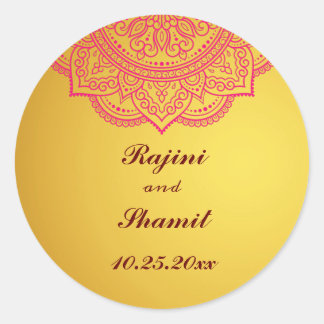 Elegant Gold Pink Red Indian Paisley Wedding Clas Ronde Sticker