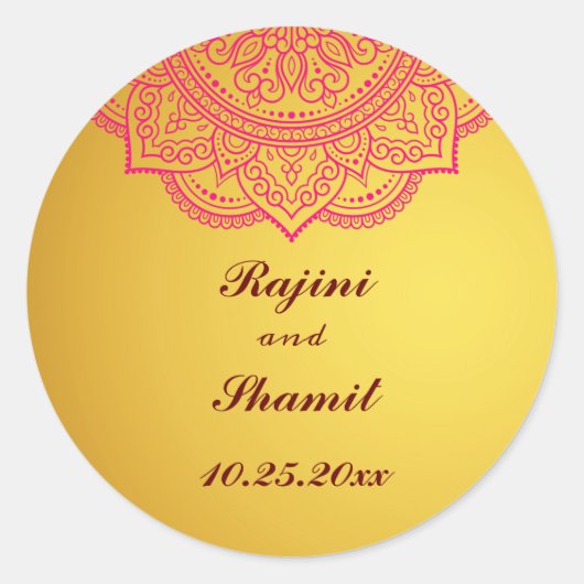 Elegant Gold Pink Red Indian Paisley Wedding Clas Ronde Sticker (Voorkant)