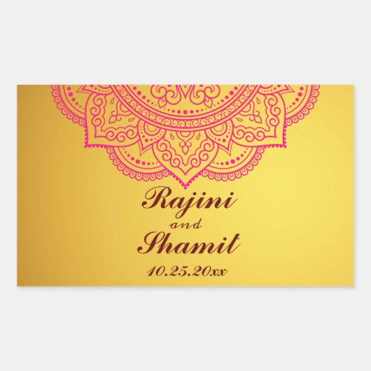 Elegant Gold Pink Red Indian Paisley Wedding Recta Rechthoekige Sticker (Voorkant)