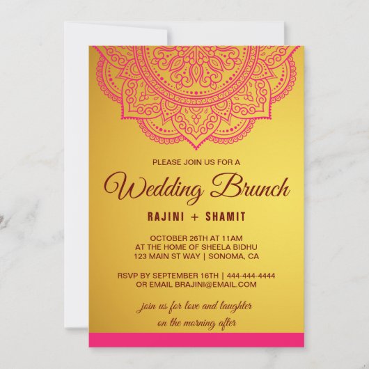 Elegant Gold Pink Red Paisley Wedding Brunch Uitno Kaart (Voorkant)