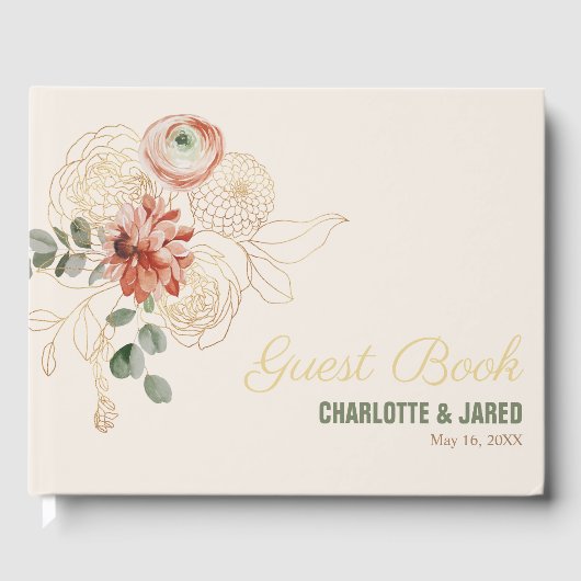 Elegant Gold & Pink Waterverf Floral Gastenboek (Voorkant)