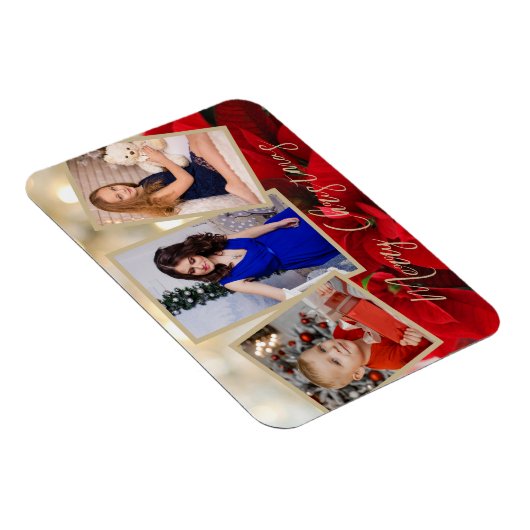 Elegant Gold Poinsettia Merry Kerstmis 3 Foto's Magneet (Rechterzijde)