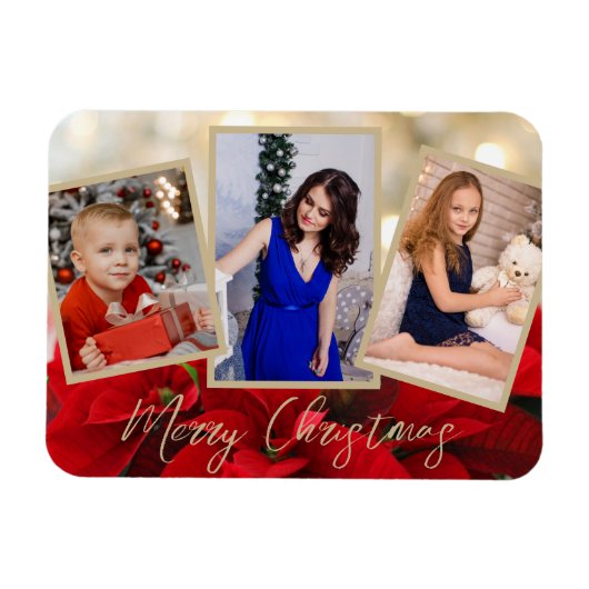 Elegant Gold Poinsettia Merry Kerstmis 3 Foto's Magneet (Horizontaal)