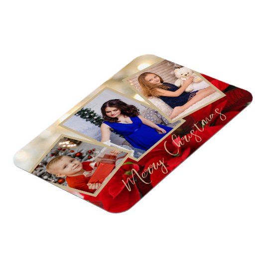 Elegant Gold Poinsettia Merry Kerstmis 3 Foto's Magneet (Linkerzijde)