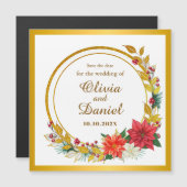 Elegant Gold & Poinsettia Wreath Save the Date Magnetische Uitnodiging (Voorkant / Achterkant)
