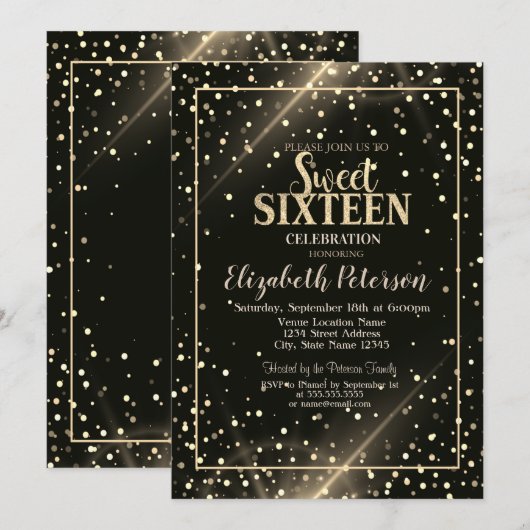 Elegant Gold Polka Dots, Black Sweet 16 Kaart (Voorkant / Achterkant)