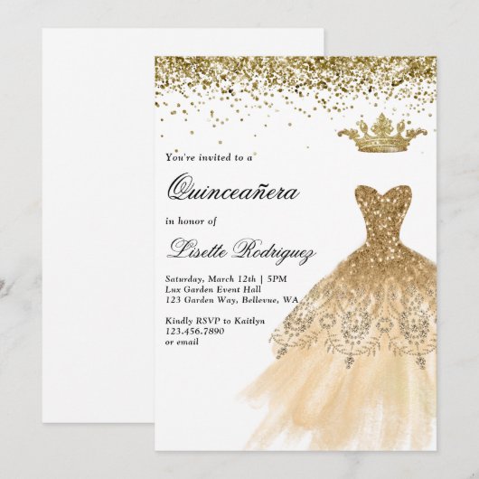 Elegant Gold Quinceanera Kaart (Voorkant / Achterkant)
