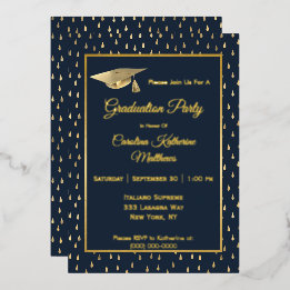 Elegant Gold Raindrops Navy Blue Graduparty Folie Uitnodiging