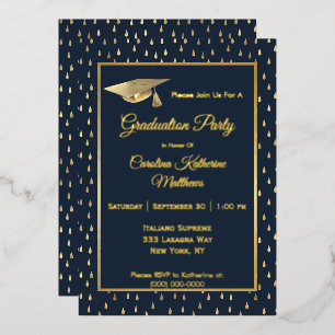 Elegant Gold Raindrops Navy Blue Graduparty Folie Uitnodiging