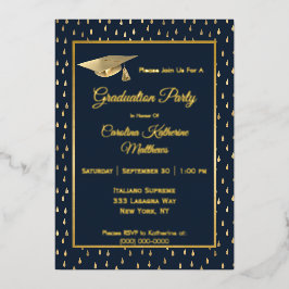 Elegant Gold Raindrops Navy Blue Graduparty Folie Uitnodiging