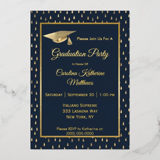 Elegant Gold Raindrops Navy Blue Graduparty Folie Uitnodiging (Voorkant)