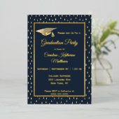 Elegant Gold Raindrops Navy Blue Graduparty Folie Uitnodiging (Staand Voorkant)