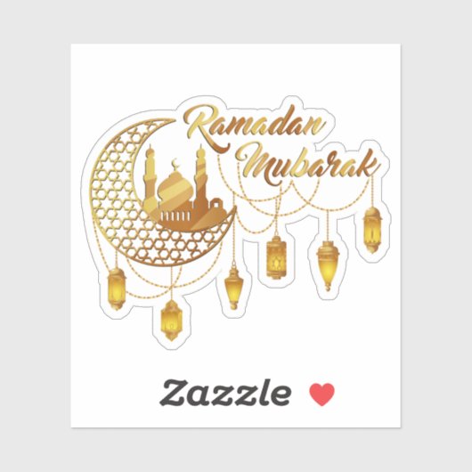 Elegant Gold Ramadan Mubarak Mosque & Lanterns Sticker (Vel)