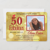 Elegant Gold Red 50th Birthday Party Invitation Kaart (Voorkant)