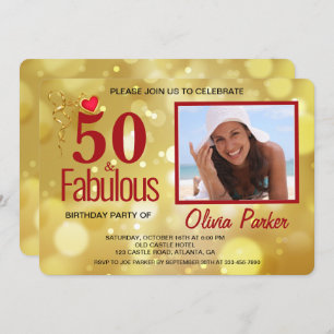 Elegant Gold Red 50th Birthday Party Invitation Kaart