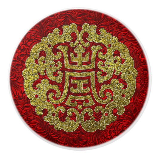 Elegant Gold Red Chinees symbool Keramische Knop (Voorkant)
