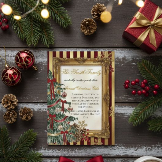 Elegant Gold & Red Christmas Party Invitation Kaart