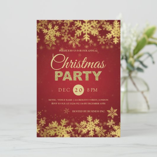 Elegant Gold & Red Corporate Holiday Party Kaart (Staand voorkant)