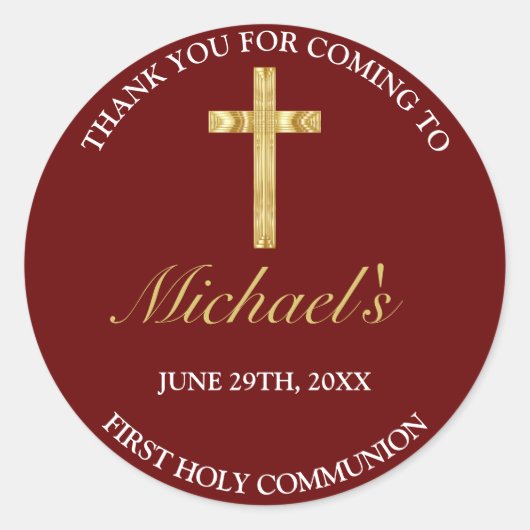 Elegant Gold Red Cross Eerste Communie Hartelijk d Ronde Sticker (Voorkant)