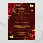 Elegant Gold Red Floral Butterfly Quinceanera Folie Uitnodiging (Voorkant)